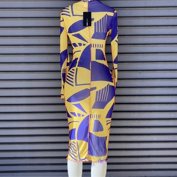 Fashion Nova Yellow and Purple Geometric Dress Mesh Dress Long Sleeve Size L - Picture 8 of 9